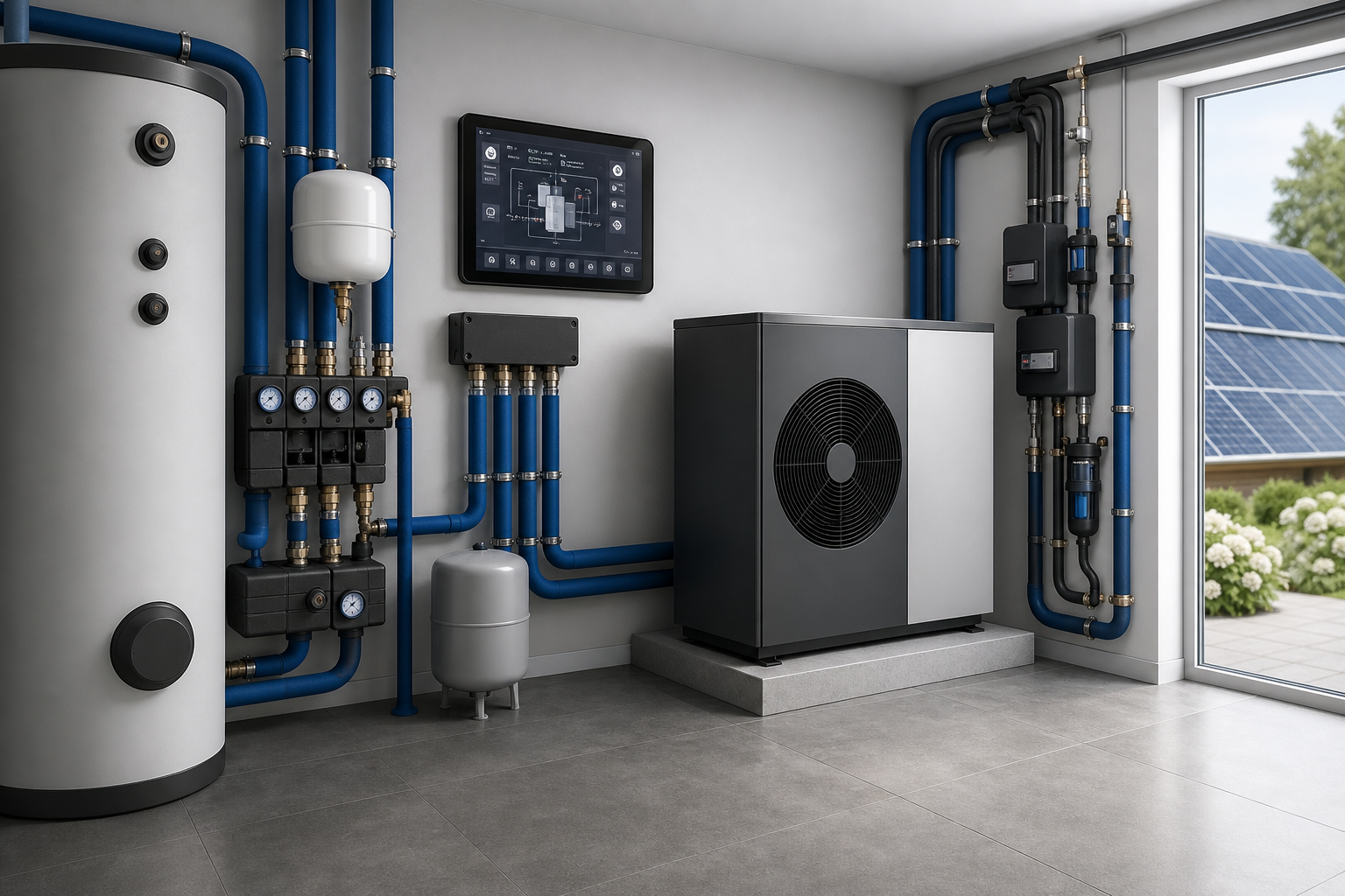 Moderner Technikraum mit Wärmepumpe und Heizungsleitungen