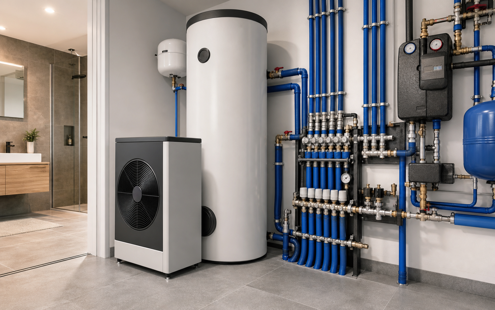 Moderner Technikraum mit Sanitär- und Heizungsinstallation