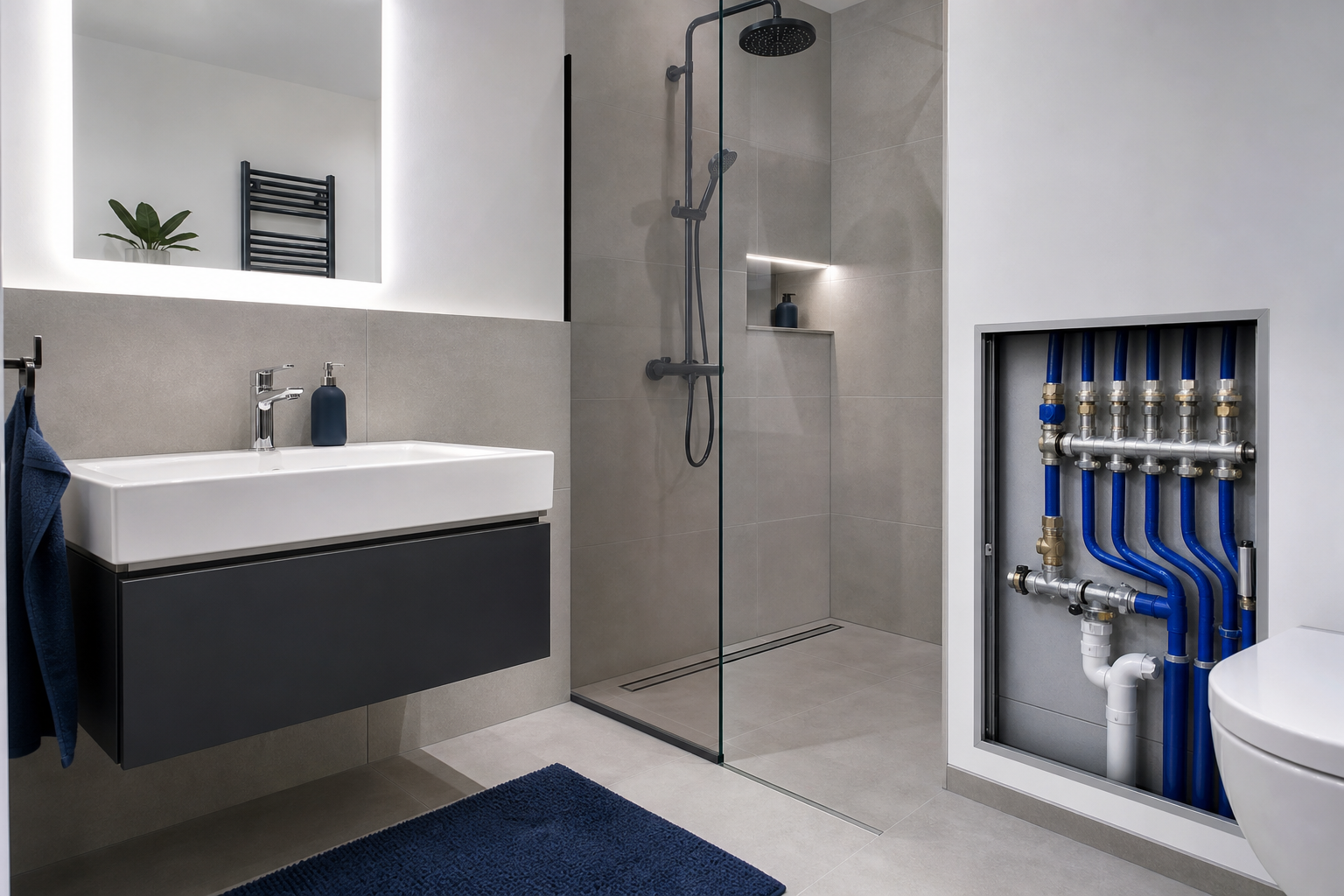 Modernes Bad mit sichtbarer Sanitärinstallation